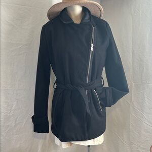 DELIAS TIE WAIST MOTO BLACK JACKET FAUX LEATHER TRIM SZ M